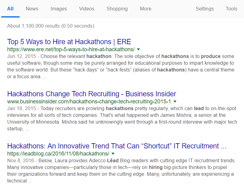 Google search of articles about recruiting at hackathons